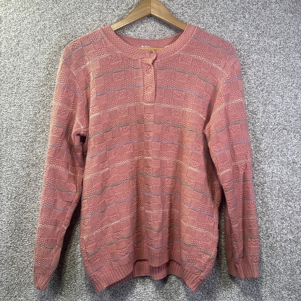 Northern Reflections Sweater Womens Medium Pink Henley Knit Striped Pullover
